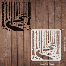 FINGERINSPIRE Woodland Forest Stencils - 11.8x11.8 inch Tree & Path Stencils for Painting on Wood, Floor, Wall, Fabric