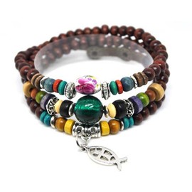 4030061 Wood Bead Fish & Cross Wrap Bracelet Christian Religious Inspirational Beaded
