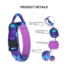Hotsky Tactical Dog Collar with Handle for Large Medium Dogs,Upgrate Heavy Duty Military Training Nylon Adjustable Collar with Metal Buckle and Two Patches for Camouflage Fans（Purple Camo,XL）