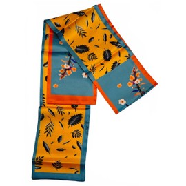GIMIRO Satin Silk Scarf Double Layers 150 x 16 cm Tie Flowers Waist Belt for Blazer, Coat, Dress, 64 # Yellow - Blue Floral