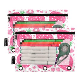 FStrawberry Pencil Pouch for 3 Ring Binder 2 Pack Clear Window Pencil Bags with Zipper Pencil Case for School Class Office College Supplies
