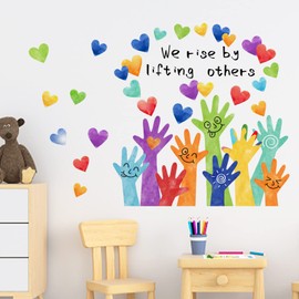 Mfault Inspirational We Rise by Lifting Others Wall Decals Stickers, Diversity Equality Colorful Hands Hearts Nursery Decorations Baby Boy Girl Bedroom Classroom Art, Neutral Toddlers Kids Room Decor