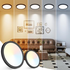 Peasur 7 inch LED Ceiling Light, 3000K/3500K/4000K/5000K/6500K Adjustable Flush Mount Light Fixture,1500LM 15W Thin Black Round Lamp for Hallway Kitchen Bathroom Bedroom, 2Pack