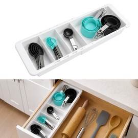 Expandable Measuring Cup Organizer & Measuring Spoon Organizer for Deep Drawers, 11.4''–18.1'' Adjustable Kitchen Drawer Organizer with 3 Dividers, Space-Saving Flatware Bin for Home & Kitchen