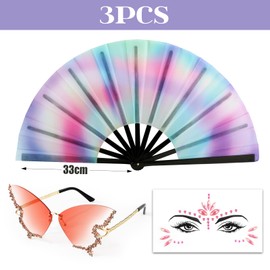 BOFUNX 90s Festival Outfit Rave Fan + Glitter Stones Face + Butterfly Glasses 90s Party Outfit for Hippie Neon Mallorca Carnival 90s Party Festival Outfit Accessories