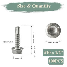GOHODOMINO #10 x 1/2" Sheet Metal Screws 100Pcs 410 Stainless Steel Hex Washer Head Fast Self Tapping Screws