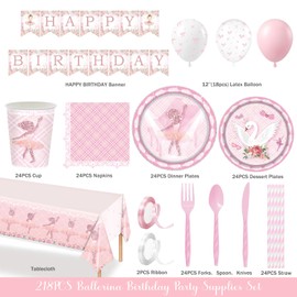 Costova Ballerina Birthday Party Decorations Tableware Set, 218 PCs Ballet Birthday Party Supplies with Dance Girl and Swan Plates, Napkins, Cutlery, Tutu Banner, Serves 24 Guests