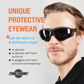 ToolFreak Spoggles Safety Glasses, Anti Glare Distortion Free Smoke Tinted Lens, Foam Padded, Wear them as Glasses or Goggles,Protect from Impact & UV, Headstrap and Carry Pouch