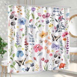 JWXCBIM Colorful Flower Shower Curtain, Spring Summer Watercolor Floral and Leaves Botanical Bathroom Decor, Waterproof Fabric Shower Curtain Set with Hooks 72x72 Inches
