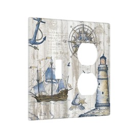 Xuejiaku Decorative Switch Cover Rustic Nautical Anchor Sailboat Compass Lighthouse Wooden 2 Gang Light Switch Plate 1 Toggle Duplex Combo Wallplates GFCI Switch Plates and Outlet Covers