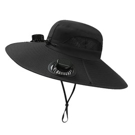 TZRONG Men Women Wide Brim Sun Hats with 2 Solar Fan Waterproof Breathable Bucket Hat Outdoor Fishing Hat for Hiking Camping Black