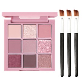 Pink Eyeshadow Palette - 9 Colour Glitter Eyeshadow, Matte & Shimmer, Bright Long-Lasting & Highly Pigmented Eye Shadow Pallet For Women - 3PCS Eyeshadows Brushes