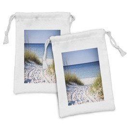 Lunarable Beach Fabric Pouch Set of 2, Path to Beach Clear Sky Bushes Grasses Windy Sunny Day Peaceful Gulf of Mexico, Small Drawstring Bag for Toiletries Masks and Favors, 9" x 6", Blue Green White