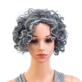 SWACC 12-Inch Old Lady Cosplay Granny Wig Short Silver Gray Grandmother Curly Wigs for Women and Kids with Wig Cap