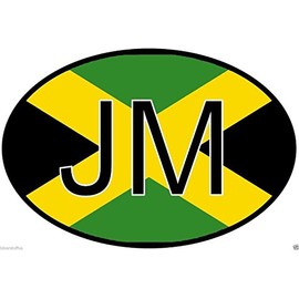 JM Jamaica Country Code Oval with Flag Sticker Bumper Sticker Laptop Sticker Toolbox Sticker Helmet Sticker