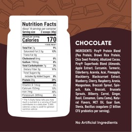 Pirq Dairy Free Protein Powder with 20g Protein, Plant Based, 2B CFU Probiotics, 25 Superfoods Greens and Fruits, Vegan, 0g Sugar (14 Servings) (Chocolate)
