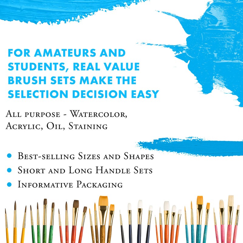 Real Value Brush Set Synthetic Gold Taklon-Rnd 1,6,12,Liner 2,Ang 1/2,Wash