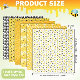 PH PandaHall 6pcs Bee Daisy Cotton Fabric Bundles Bee Theme Quilting Patchwork Honeycomb Plaid Pattern Craft Fabrics Yellow Sewing Fabrics for DIY Handmade Craft Party Decor, 45x50cm