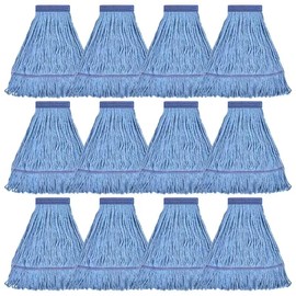 Matthew Cleaning Heavy Duty Mop Head Commercial Replacement for General and Floor Cleaning, Wet Industrial Blue Cotton Looped End String Head Refill (Pack of 12) Blue