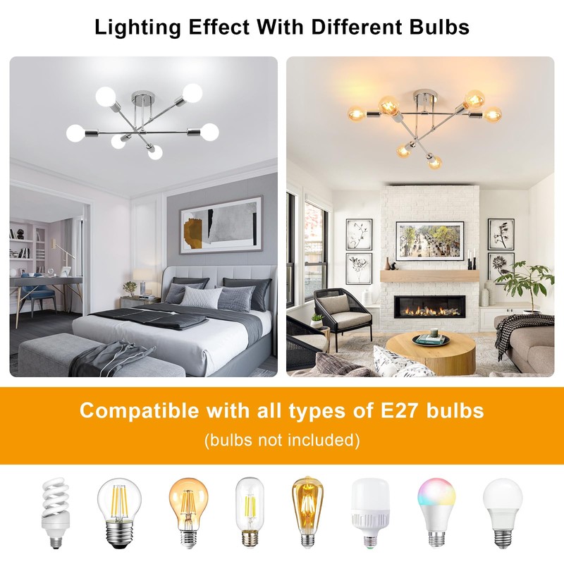 Comely Modern 6-Light Sputnik Chandelier Ceiling Lights, Adjustable Semi-Flush Mount