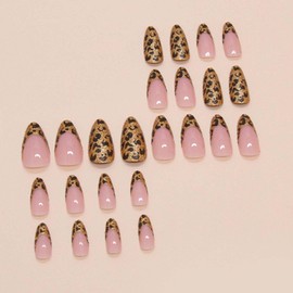 Hkanlre Medium Press on Nails Flower Fake French Nails Tips Full Cover Almond Leopard Print False Nails for Women 24PCS