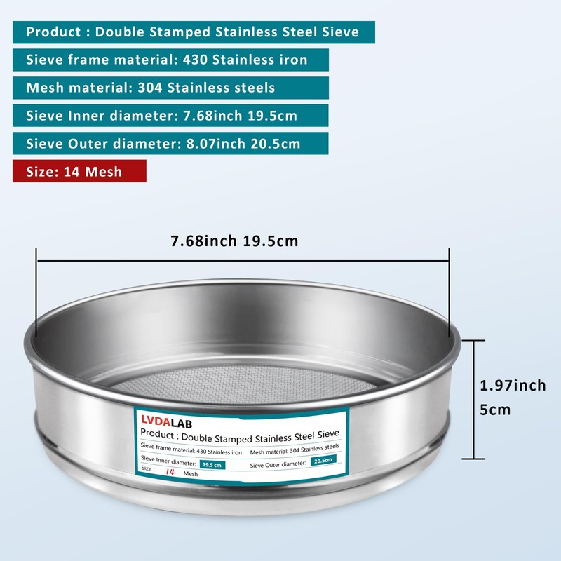 LVDALAB 304 Stainless Steel Mesh Lab Sieve, 14 Mesh(1.43mm) Aperture