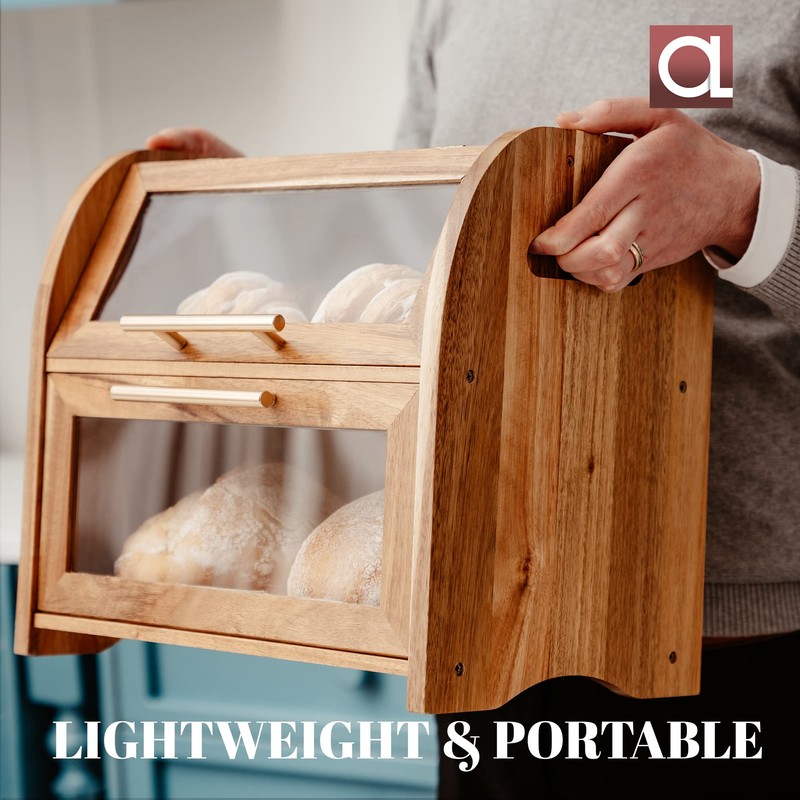 Arise Stylish Acacia Bread Box for Kitchen Countertop, Extra Large