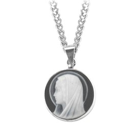 Women's Black Madonna Profile Cameo Medal Necklace,18" Rhodium Plated Stainless Steel Chain, Capodimonte Porcelain, Sterling Silver Frame, Made in Italy- Deluxe Velvet Gift Box Included