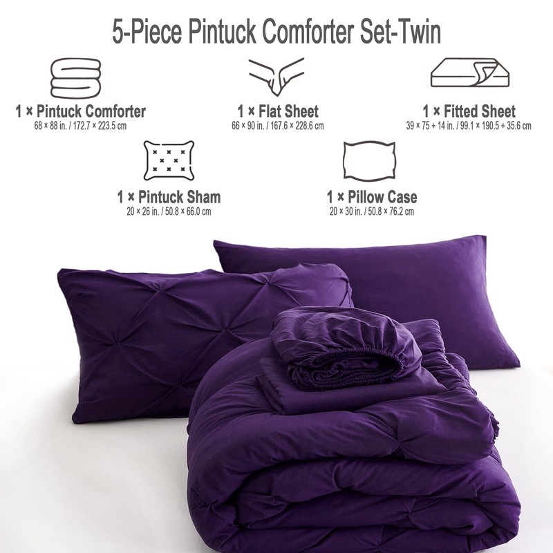 Ubauba 5pc Twin Size Comforter Set with Sheets, Purple Pintuck