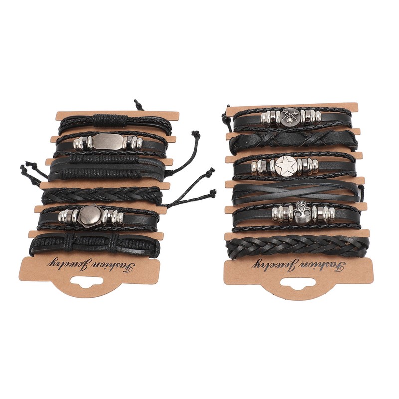 12PCS Braided Faux Leather Bracelet Set Multilayer Vintage Rock Style
