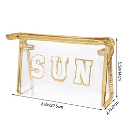 Hmxpls Clear Preppy Patch Makeup Bag, Sun Chenille Letter Bag for Beach, Pouch With Zipper, Travel Cosmetic Toiletry Bag for Women Girls Teens (Gold)