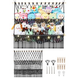 2 Tier Stuffed Animal Storage Shelf Net, 35x30'' Large Plushie Net w/ 2.4/1'' Dense Mesh for Mini Medium Stuffy Teddy, Black Boho Macrame Toy Holder Display w/ Lights&Clips for Nursery Kid Girl Boy