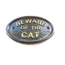 "Beware Of The Cat" Wall/Gate Plaque In Black With Gold Raised Lettering