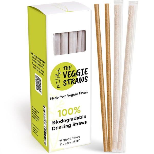 100% Biodegradable Eco-Friendly Wrapped Straws, 100ct – 8.25"H, Made of Vegetable Fibers