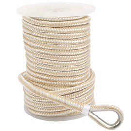 NovelBee 3/8 Inch X 200 Feet Double Braid Nylon Anchor Line with Stainless Steel Thimble and Plastic Chuck (White/Gold)