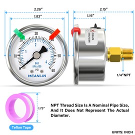 MEANLIN MEASURE 0~60Psi Dry Pressure Gauge Stainless Steel 1/4" NPT 2" FACE DIAL Waterproof for Pool Filter Pump Water Air Compressor Tire Pressure Tester Back Mount (with 2PCS Snaps)