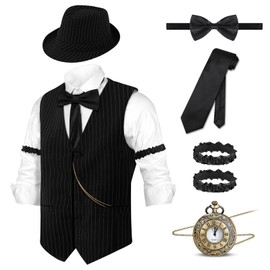 Sekepingo Vintage 6PCS Mens 1920s Striped Gatsby Custome Outfits Vest and Hat Accessories for Roring 20's 30's Themed Party (Black, XL)