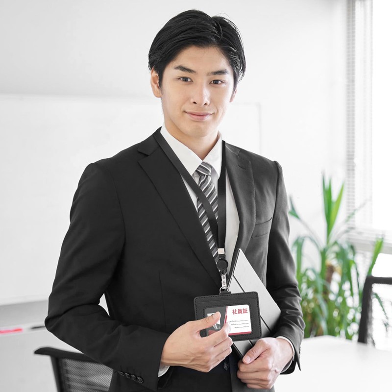 Horizontal ID Card Holder with Elastic Reel Strap Neck Passcase