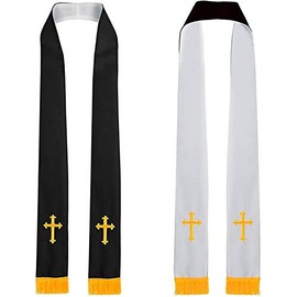 GraduatePro Church Clergy Stole Pastor Reversible 90" Pastor Choir with Gold Hand Embroidery Cross Tassel Unisex Black White