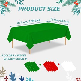 12 Pack 3 Color Christmas Plastic Table Cloth Disposable Rectangle Tablecloth 54 x 108 Inch, White Red Green Table Covers for Christmas Birthday Italy Party Decorations