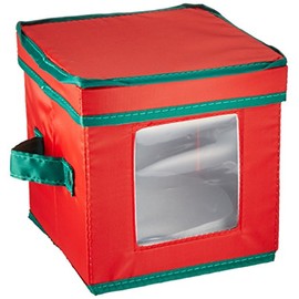 Household Essentials 530RED Holiday China Storage Chest with Lid and Handles | Storage Bin for Small Saucer Plates | Red Canvas with Green Trim