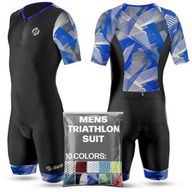 SLS3 Triathlon Suit Men - Aerodynamic Sleeved Tri Suit Men - Premium Pro Aero FX Mens Trisuit - Padded, Back Pockets (Black/Blue Geo, Large)