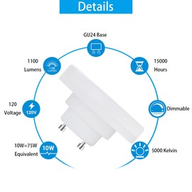 DAILY HIOO GU24 LED Light Bulb, Ultra Mini Squat GU24 Puck Lights, 10W(75W Equivalent), Dimmable, 1100LM, 5000K, ETL Listed, Low Profile Mls13gus Replace. (2, 5000K)