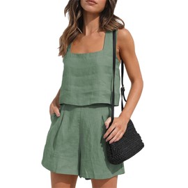 MINTLIMIT Women Linen Shorts Sets 2 Piece Sleeveless Crop Tank Tops High Waist Lounge Shorts Loose Summer Outfitts