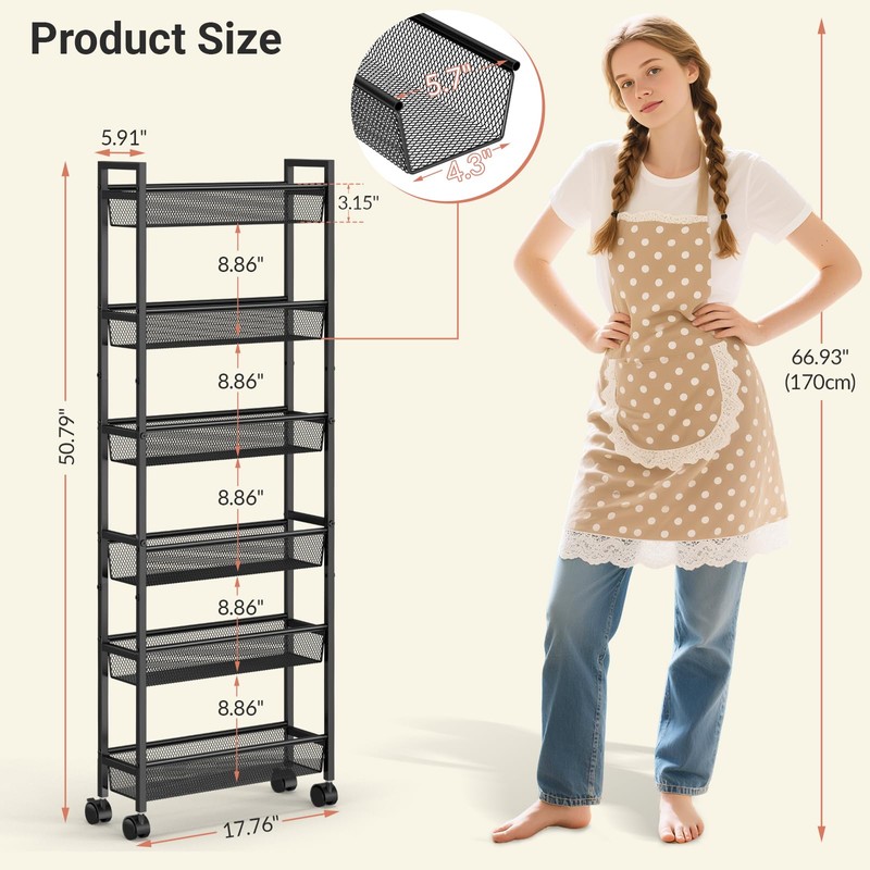 ThreeHio 6 Tier Slim Storage Cart, Narrow Cart with Wheels,