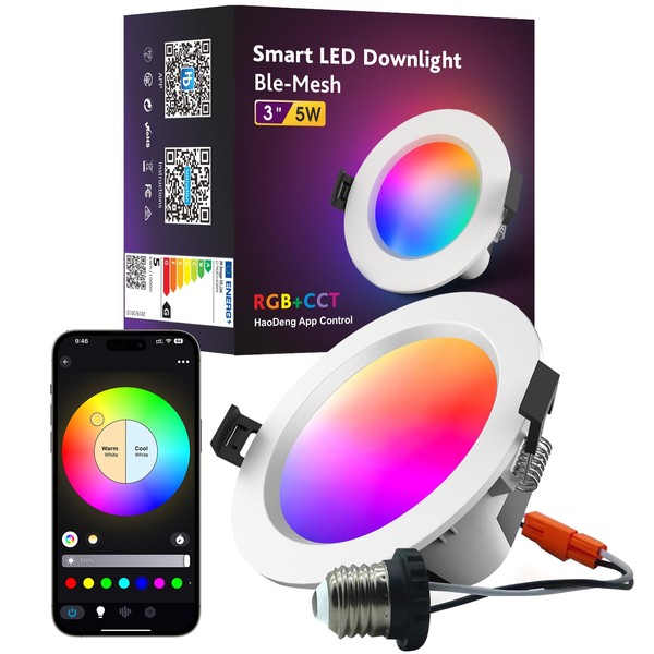 Smart Recessed Lighting 3 Inch, Multicolorred, Dimmable by App, Tunable White, 2700K-6500K, CRI80+, MagicLight 5W RGB Color Changing LED Downlight, Canless Light