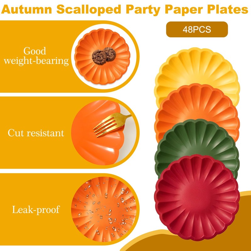 48Pcs Paper Plates, Scalloped Edge, Fall Colors, 9 Inch