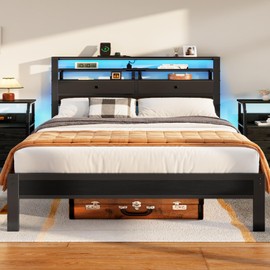 Furnulem Queen Bed Frame with Headboard & 2 Fabric Drawers, Bed Frame Queen Size Featuring LED Lights, Built-in Charging Station & Storage Shelves, Metal Slats, No Box Spring Needed – Black Oak