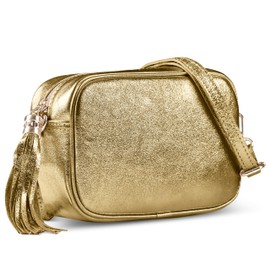 Italian Genuine Metallic Suede Crossbody Bag for Women with Zipper | Small Leather Camera Purse Shoulder Handbag Pocketbook (Metallic Gold)