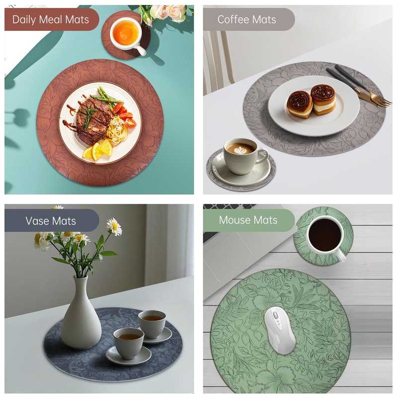 Round Placemats and Coasters Set of 6, Floral Leather Table